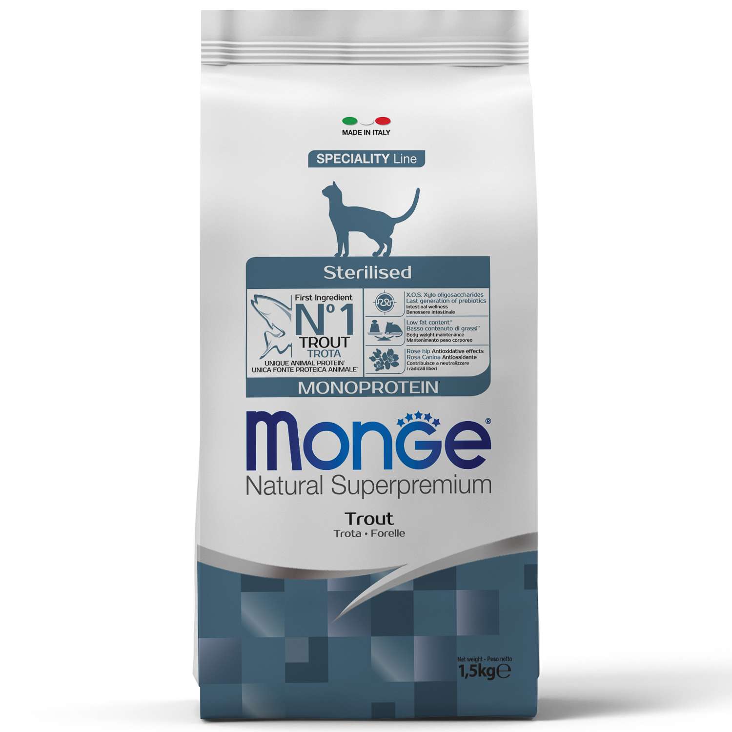 Корм для кошек MONGE Cat Monoprotein стерилизованных форель 1.5кг - фото 1