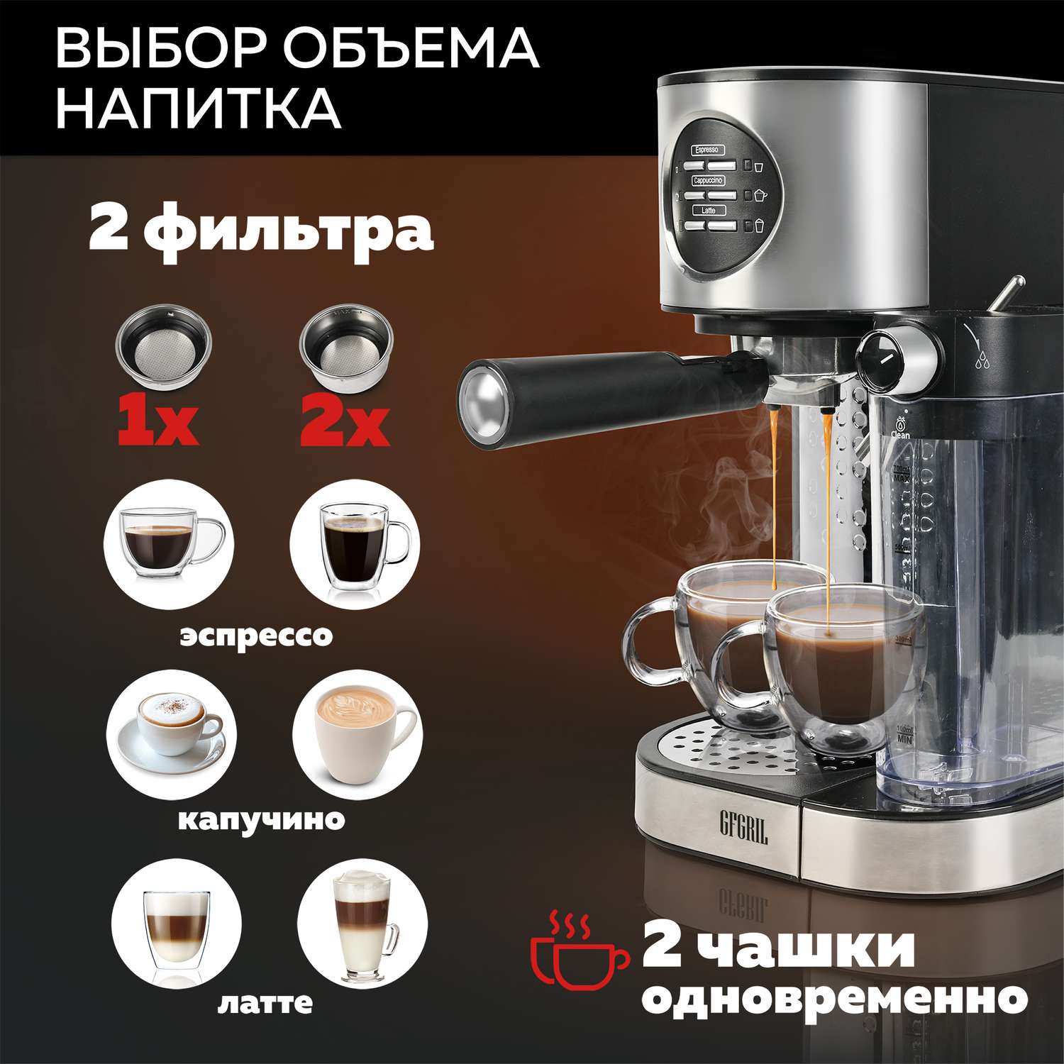 Кофеварка GFGRIL С автоматическим капучинатором 3 в 1 GFC-A300 Эспрессо-Капучино-Латте - фото 4