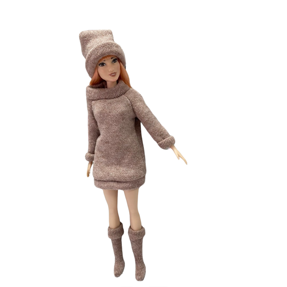 Одежда для куклы Ani Raam Платье-свитер шапочка теплые гольфы Ani Raam для куклы Барби S250 - фото 1