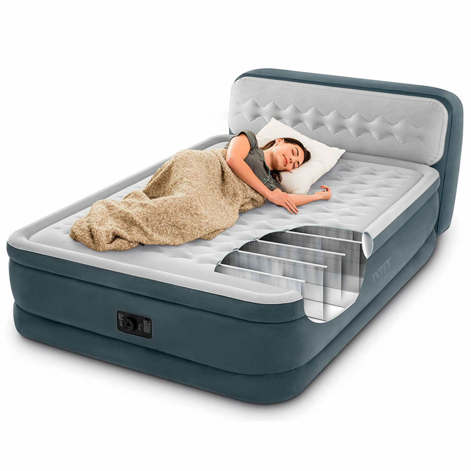 Надувной матрас INTEX кровать с высоким подголовником и встроенным насосом 152х236х86 см - фото 5