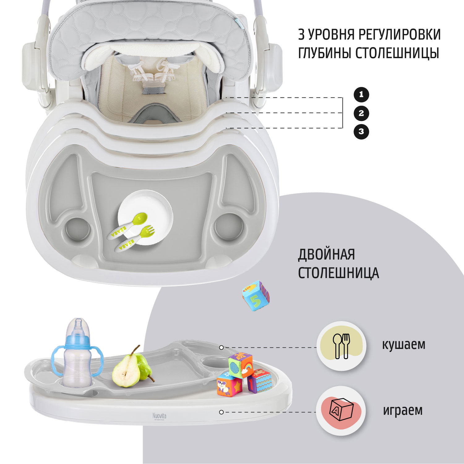 Стул-шезлонг для кормления Nuovita Tutela с тиснением Серый - фото 6