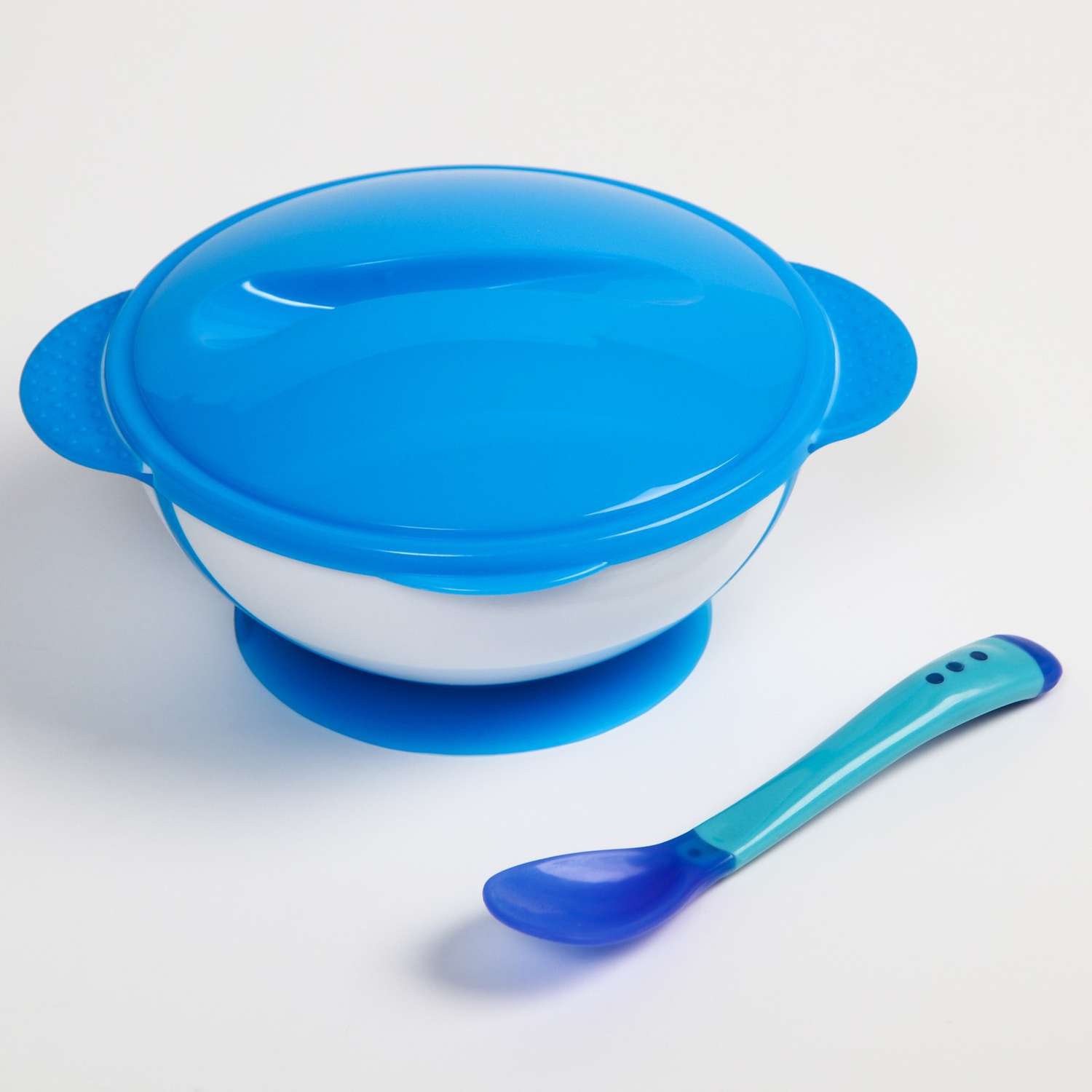 Набор детской посуды Крошка Я для кормления миска на присоске 340 мл с крышкой термоложка цвет синий - фото 2
