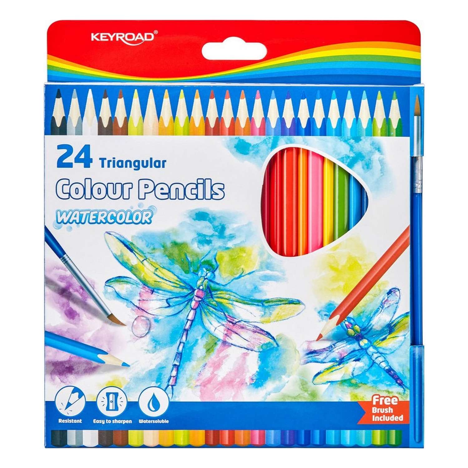 Карандаши акварельные цветные KEYROAD 24 цветов с кисточкой картонный футляр - фото 1