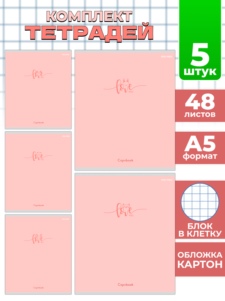 Набор тетрадей Prof-Press клетка Любовь на розовом А5 48 листов 5 шт - фото 1