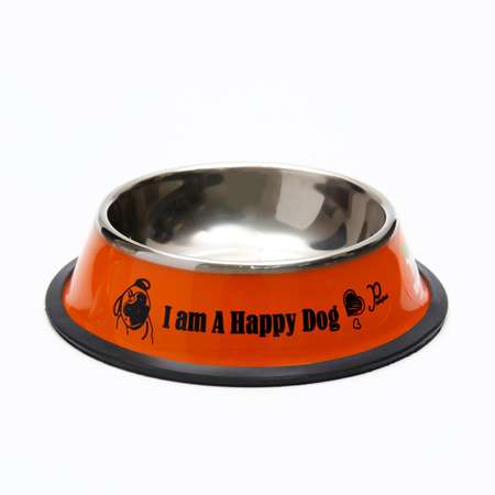 Миска Пижон железная с нескользящим основанием I am A Happy Dog 15х3.5 см 230 мл оранжевая