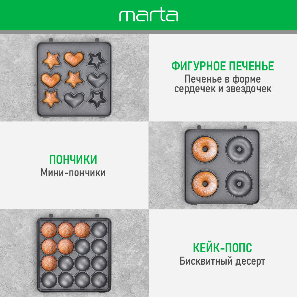 Прибор для выпечки MARTA MT-SM1737C белый жемчуг 3 в 1 со сменными панелями - фото 6