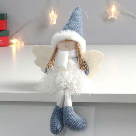 Кукла интерьерная Зимнее волшебство «Ангелочек в шубке из травки в синем колпаке и сапожках» 30х15х5 см