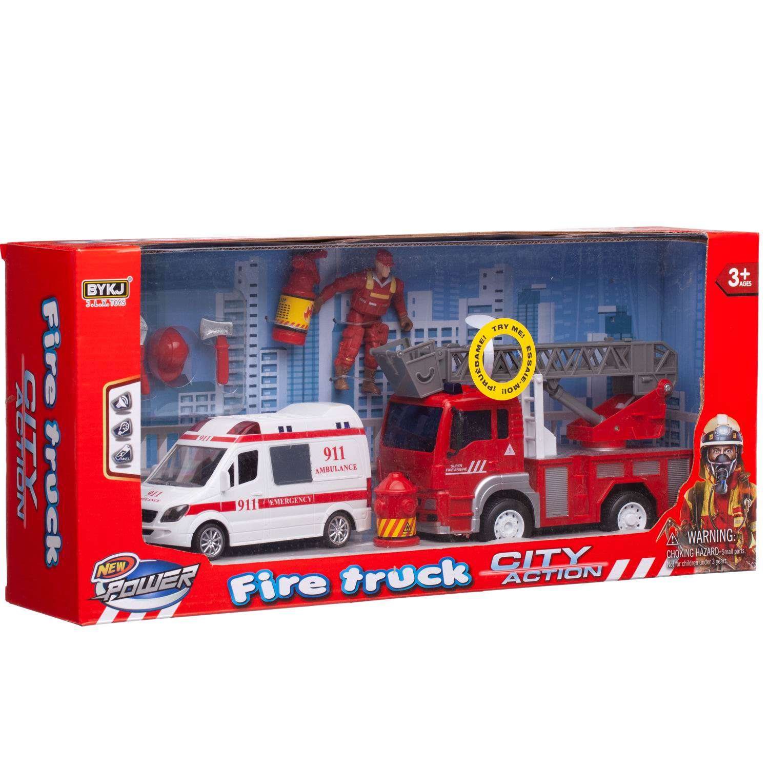 Игровой набор Junfa Служба спасения пожарная машина скорая помощь фигурка пожарного аксессуары свет звук 9930A - фото 1