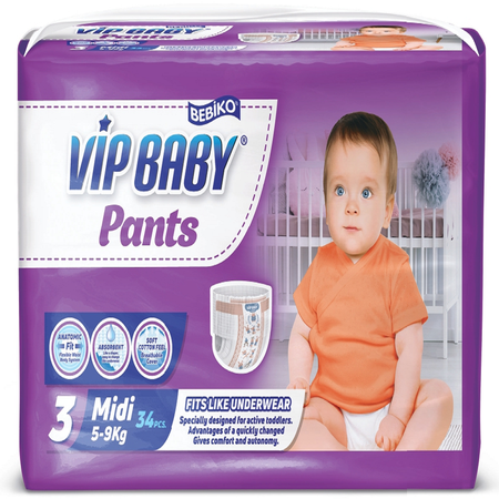 Трусики подгузники Paksel Vip Baby PANTS размер MIDI для малышей весом 5-9 кг 34 шт/уп