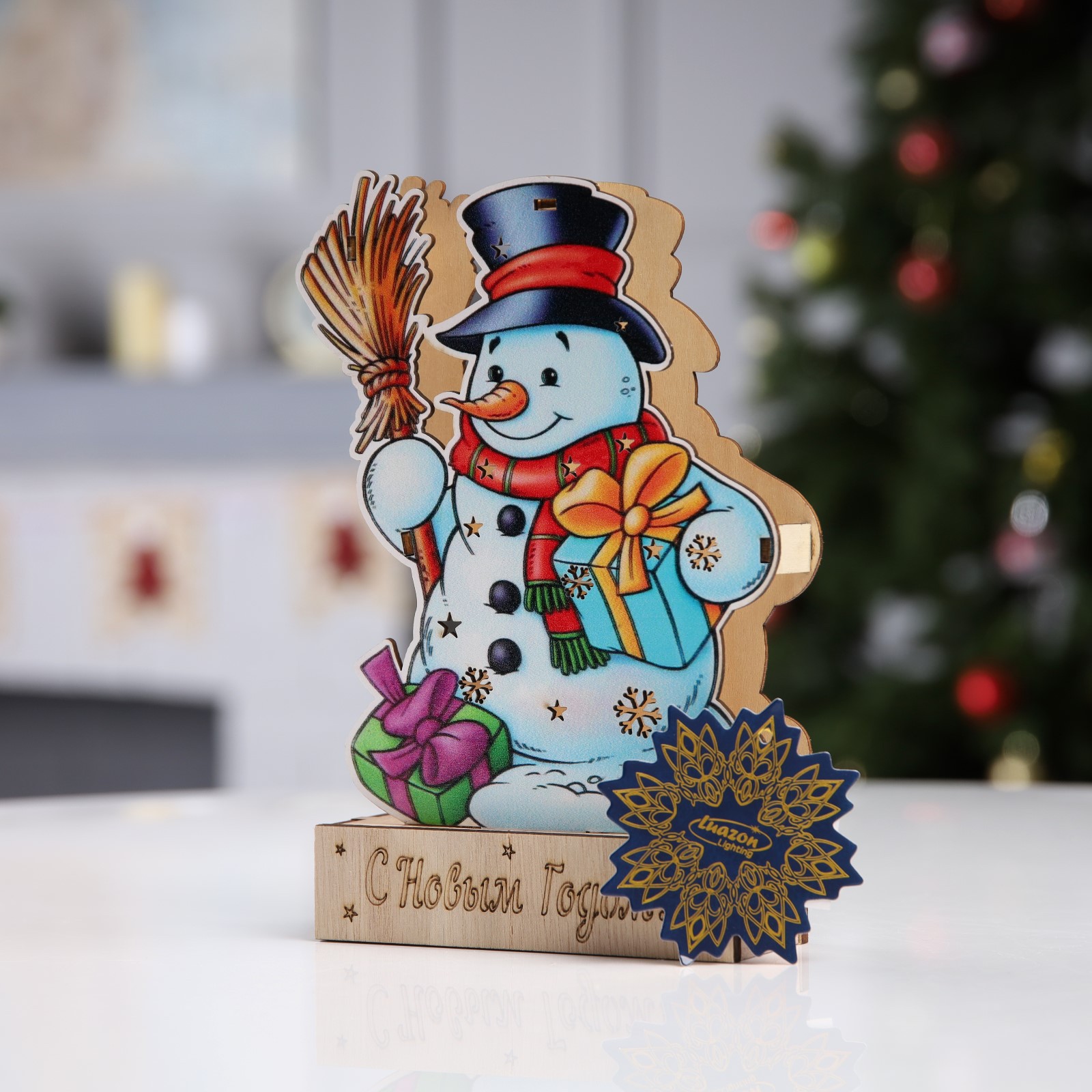 Светодиодная фигура Sima-Land «Снеговик с подарками» 13×20×2.5 см дерево батарейки LR1130х3 свечение тёплое белое - фото 5
