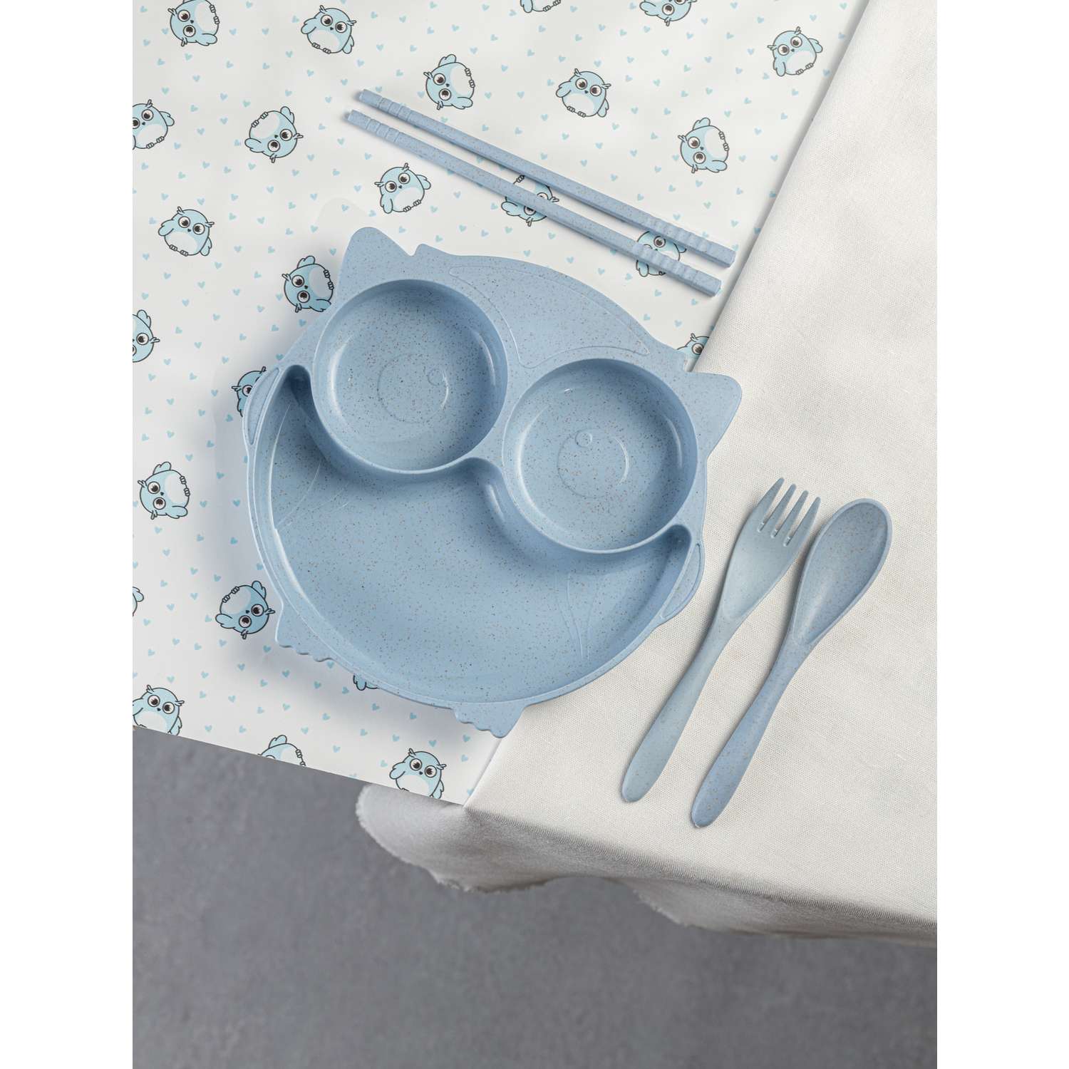 Набор детской посуды Добрый Филин Детская тарелка вилка ложка Совушка голубая 4 предмета - фото 8