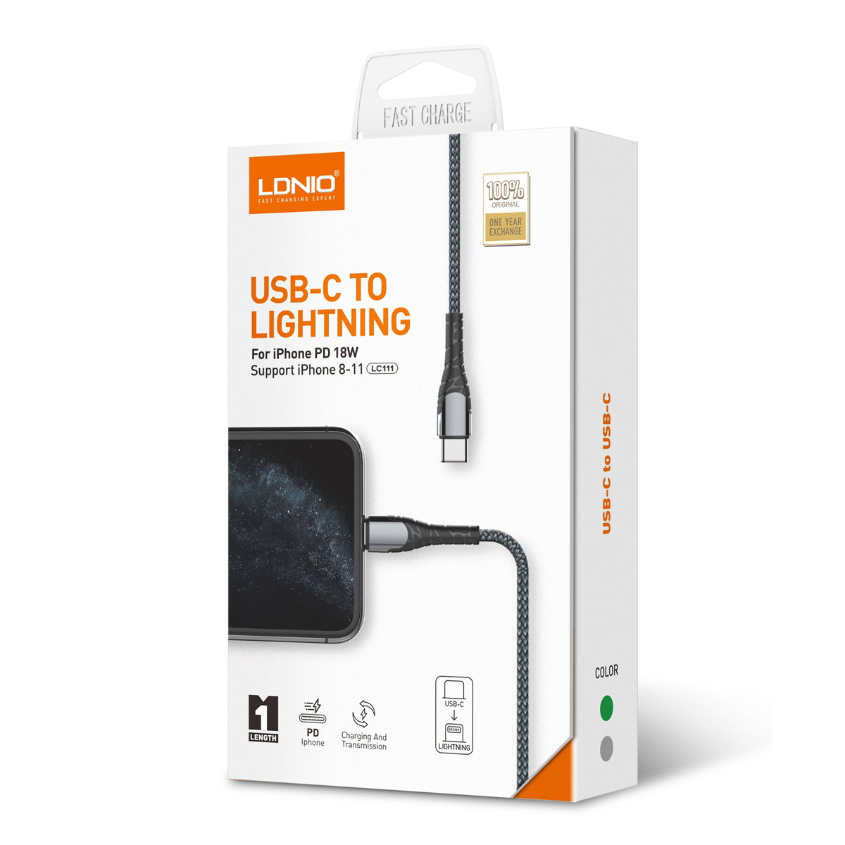 Кабель USB PD: Type-C-Lgth LDNIO LC111 1м / 30W / медь 110 жил / нейлоновая оплетка / серый - фото 1