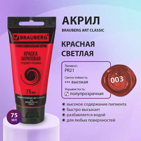 Краска акриловая Brauberg художественная Art Classic туба 75мл Красная Светлая