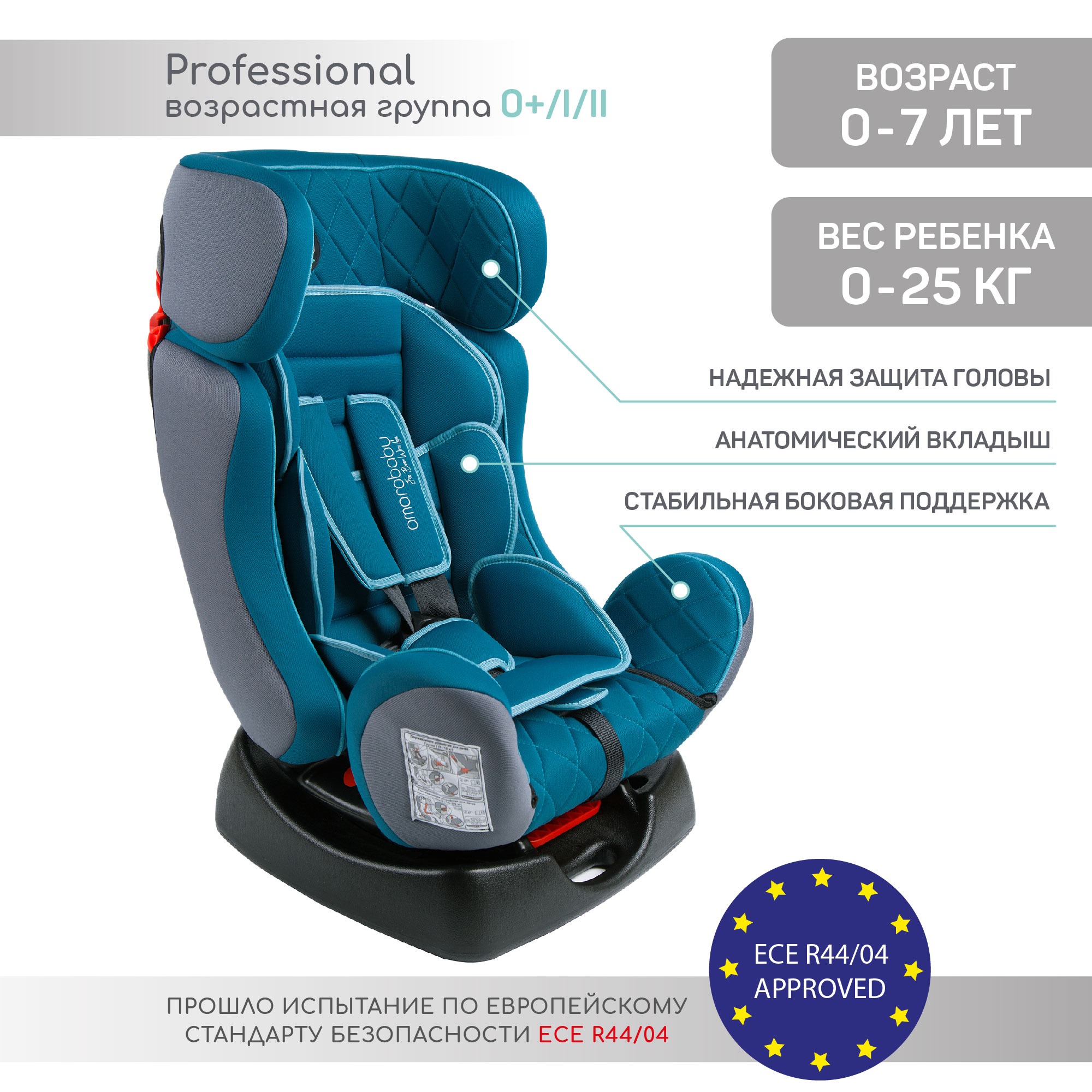 Автокресло Amarobaby Professional группа 0 /I/II (бирюзовый) AB212005PBi/18