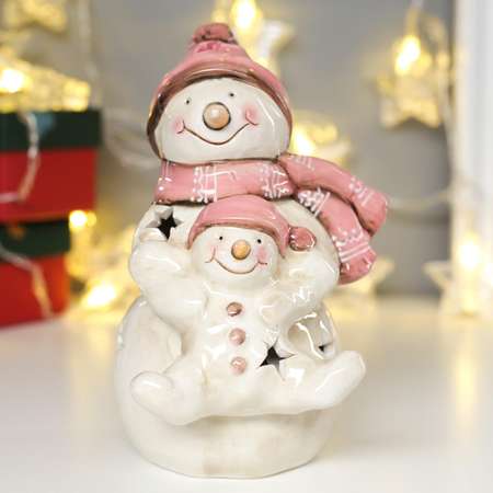 Сувенир Luazon керамика свет «Снеговик со снеговичком в розовых колпаках» 17 5х11х12 5 см