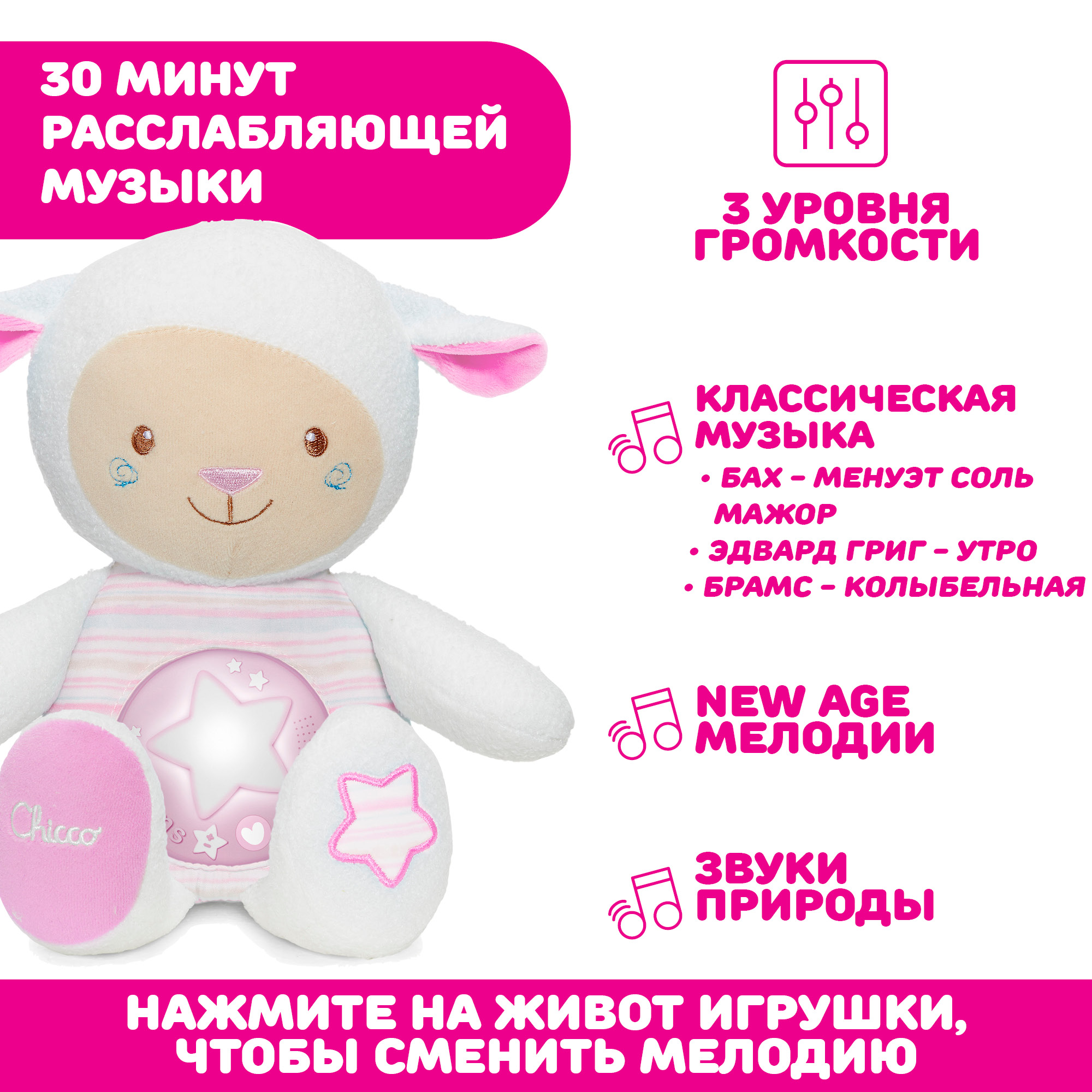 Игрушка CHICCO Мягкая музыкальная с проектором Овечка розовая - фото 2