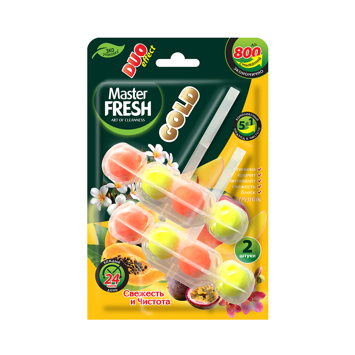 Подвесной блок для унитаза Master fresh Duo effect Gold 5 в 1 тропик 2 шт  купить по цене 216 ₽ в интернет-магазине Детский мир