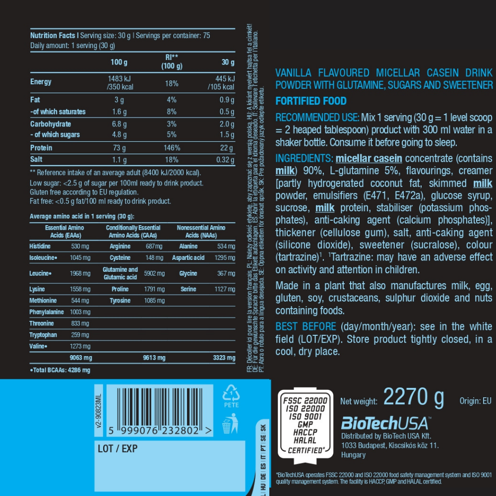 Мицеллярный казеин BiotechUSA Micellar Casein 2270 г. Ваниль - фото 2