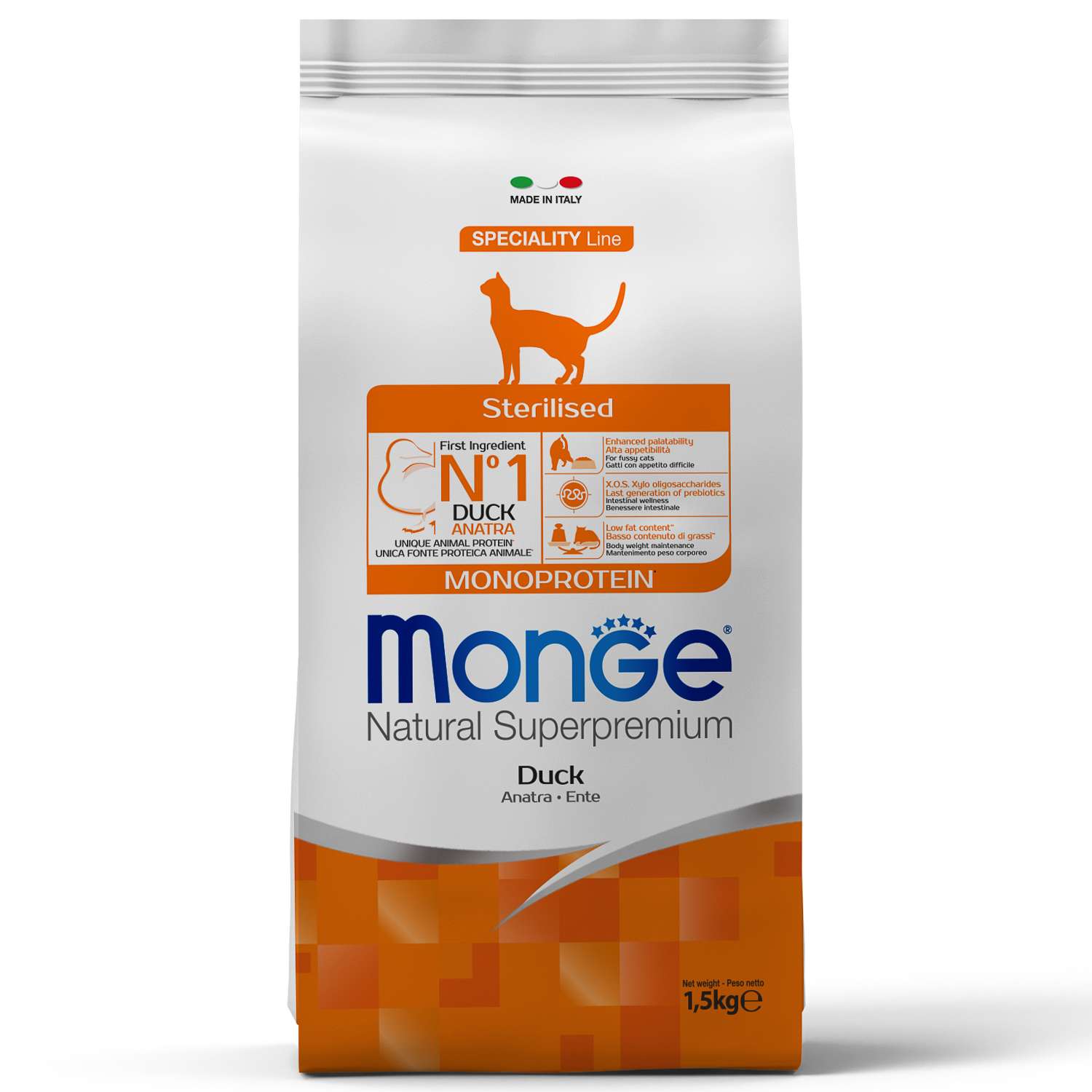 Корм сухой для кошек MONGE Monoprotein 1.5кг с уткой для стерилизованных - фото 1