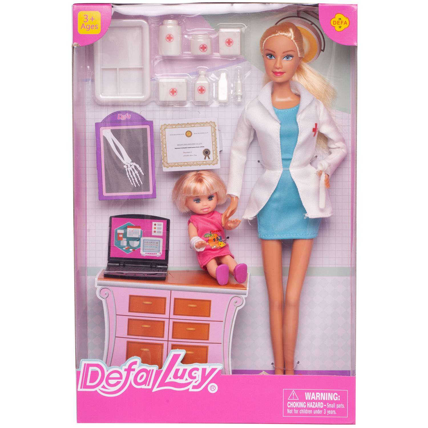 Игровой набор ABTOYS Кукла Defa Lucy Доктор белый халат и голубое платье с малышкой на приеме 8348d/голубое - фото 1
