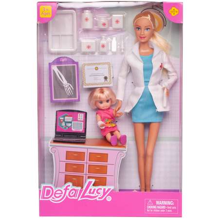 Игровой набор ABTOYS Кукла Defa Lucy Доктор белый халат и голубое платье с малышкой на приеме