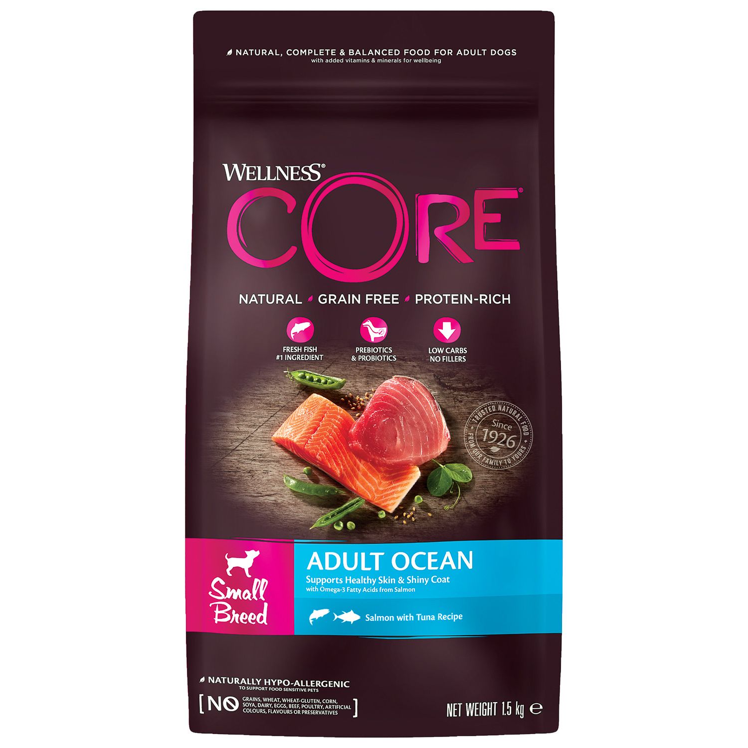 Сухой корм для собак Wellness CORE 1.5 кг лосось, тунец (для домашних, полнорационный) - фото 1