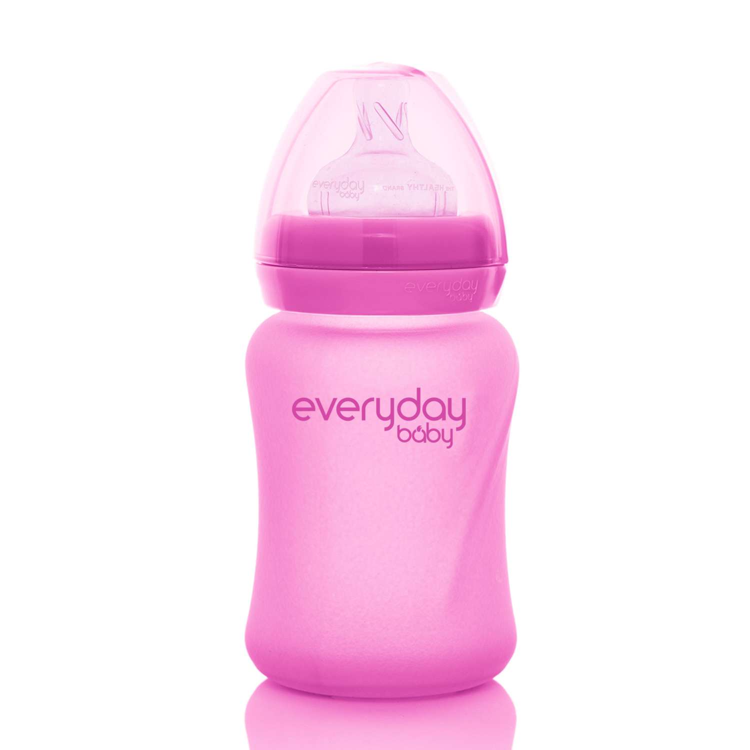 Бутылочка Everyday Baby Healthy стеклянная с индикатором температуры и силиконовым покрытием 150 мл розовый - фото 1