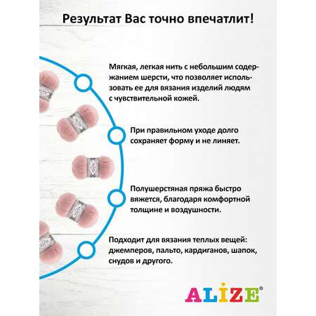 Пряжа Alize тонкая теплая мягкая Superlana tig шерсть акрил 100 гр 570 м 5 мотков 161 пудра