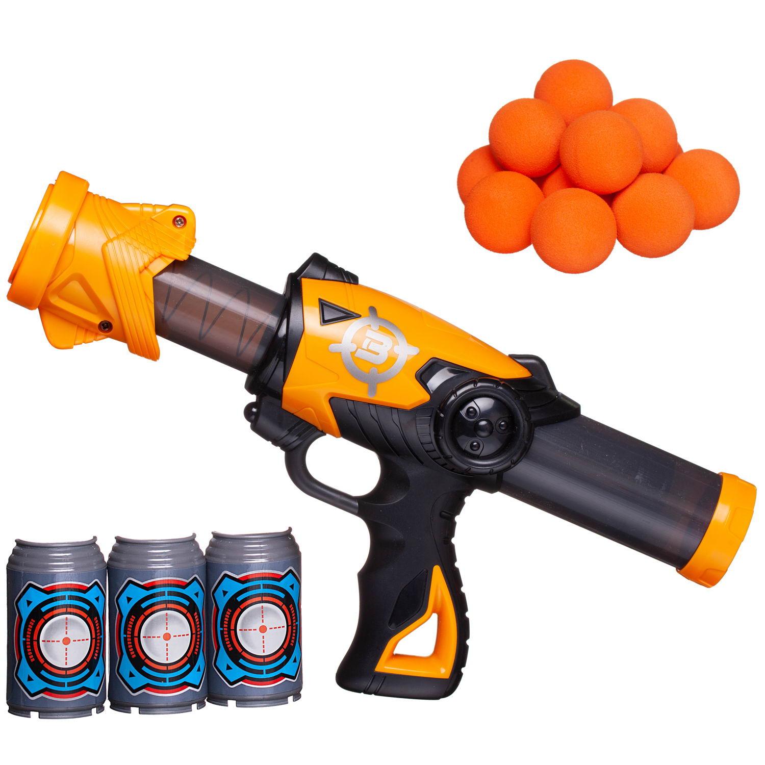 Бластер Junfa пистолет c 12 мягкими шариками и 3 банками мишенями оранжевый - фото 3