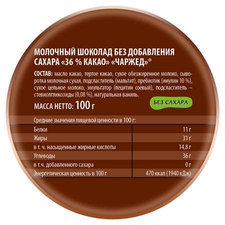 Шоколад Победа вкуса Чаржед 36% какао молочный без добавления сахара 100г