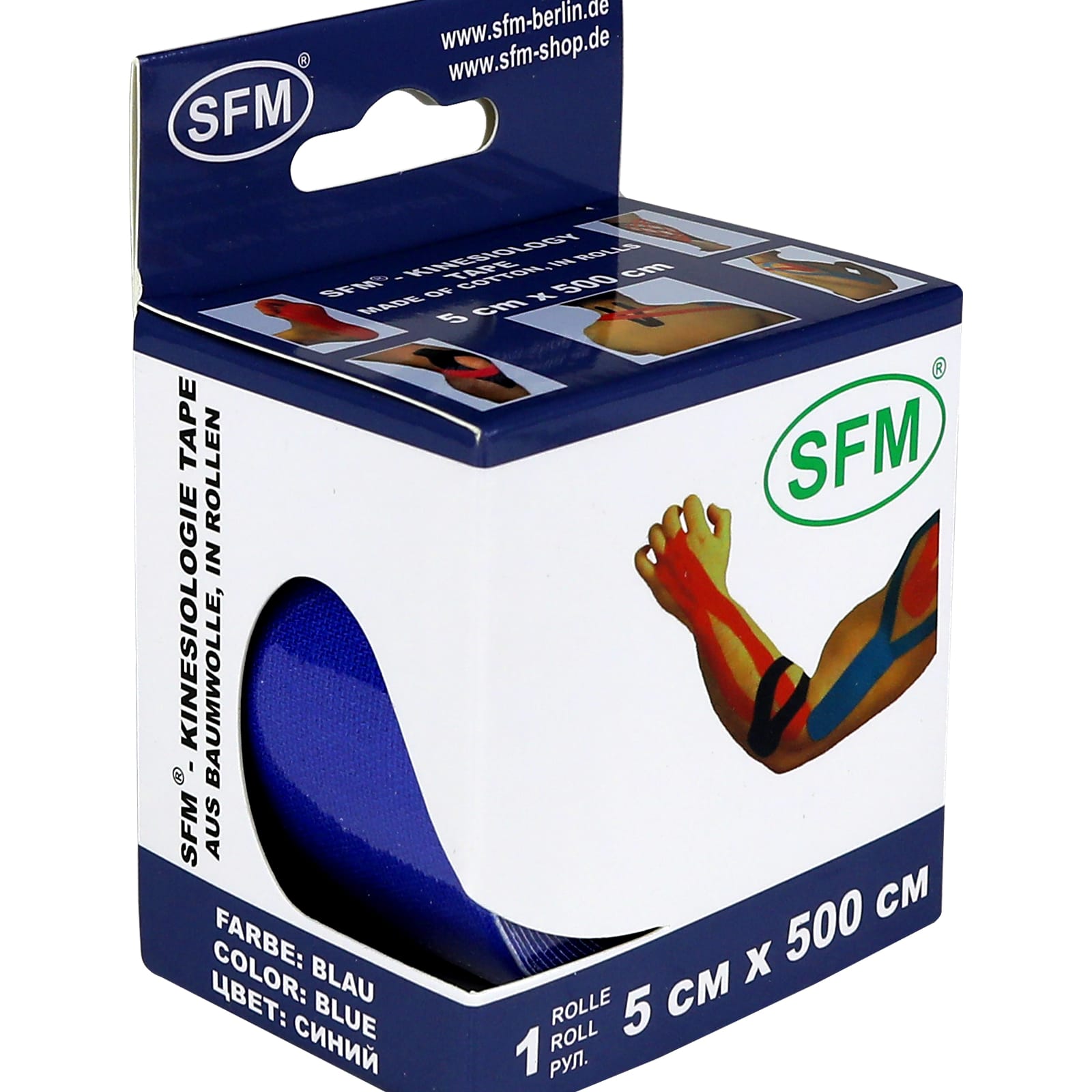 Кинезиотейп SFM Hospital Products SFM-Plaster на хлопковой основе 5см Х 500см синего цвета в диспенсере с логотипом - фото 1