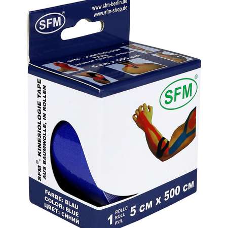 Кинезиотейп SFM Hospital Products SFM-Plaster на хлопковой основе 5см Х 500см синего цвета в диспенсере с логотипом