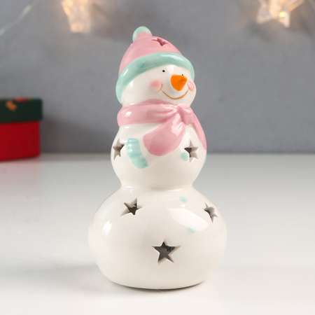 Сувенир Sima-Land керамика свет «Снеговик розовая шапка и шарф звёздочки» 11 5х6х6 см