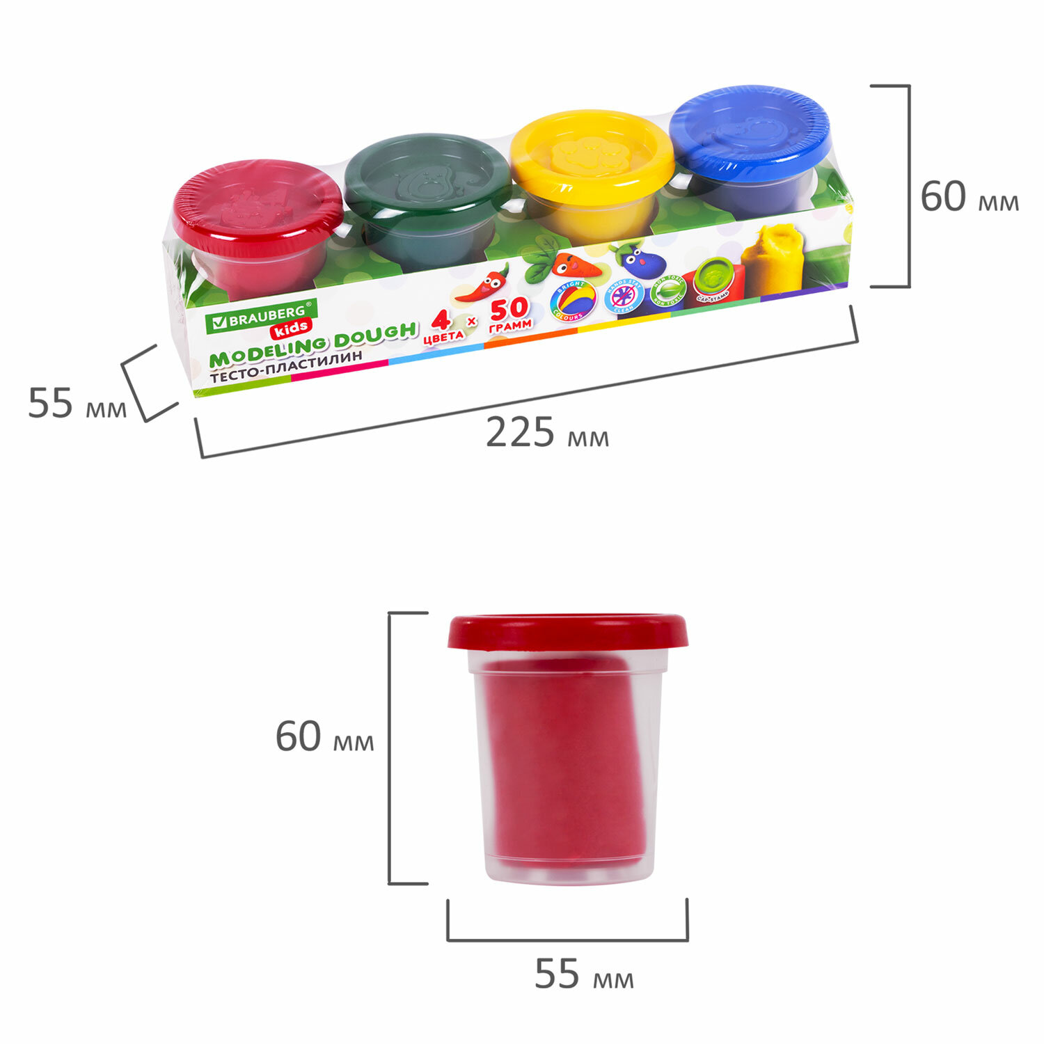 Пластилин Brauberg тесто для лепки набор 4 цвета с крышками-штампиками - фото 7