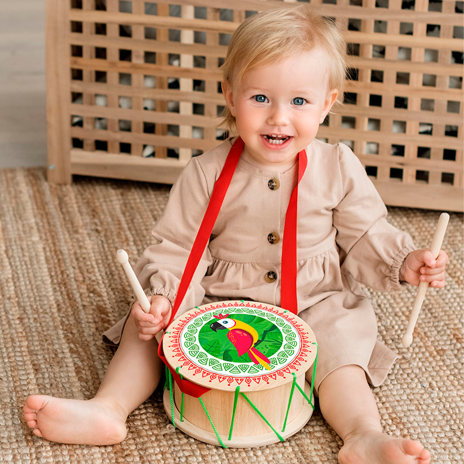 Музыкальный инструмент детский Мега Тойс деревянный барабан игрушка Попугай - фото 2