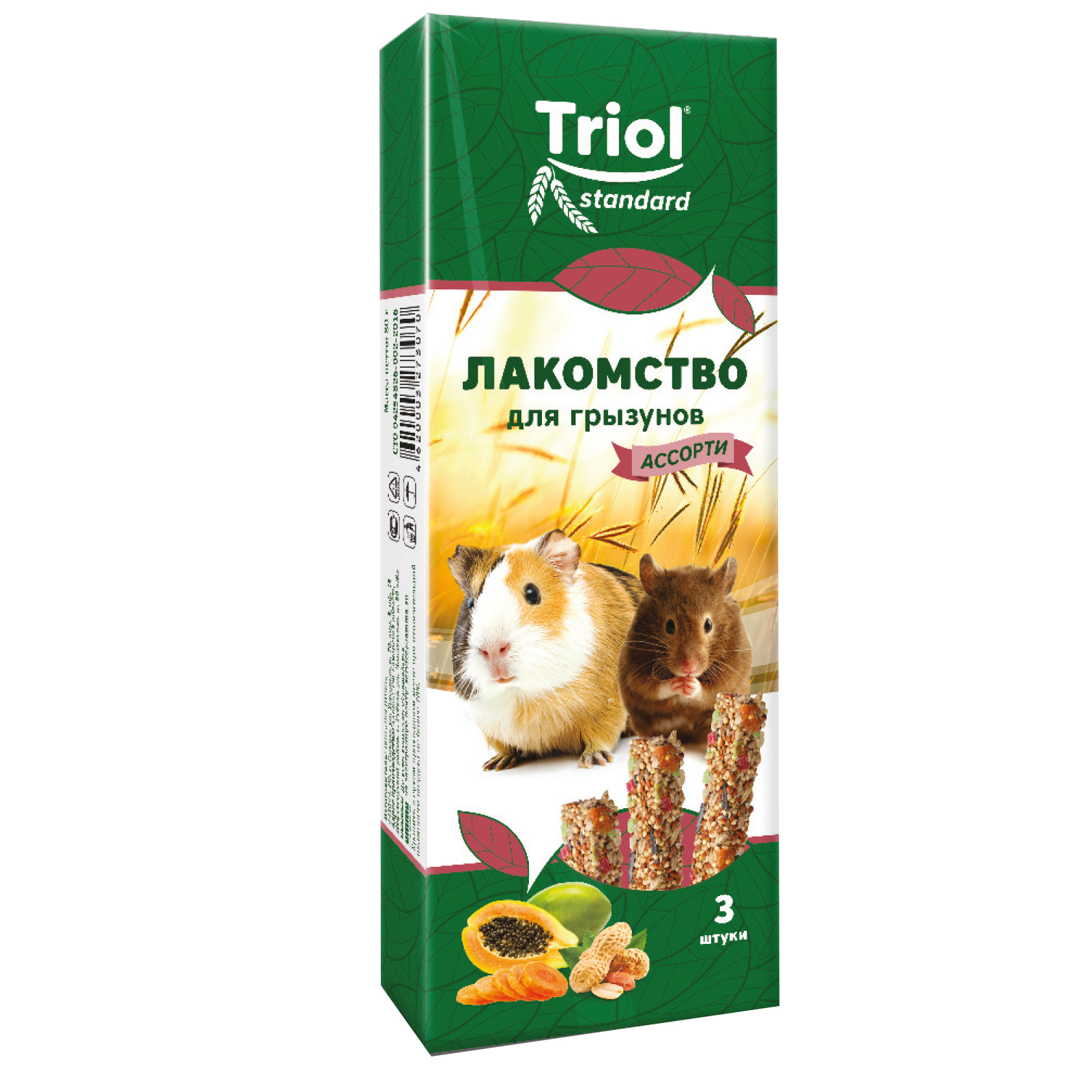 Лакомство для грызунов Triol 75г Standard ассорти с фруктами овощами и орехами 3шт - фото 1