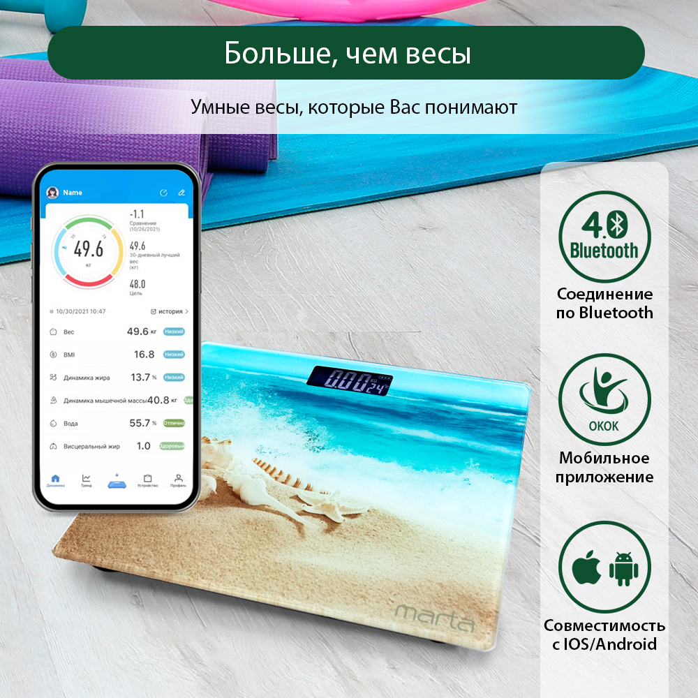 Весы напольные MARTA MT-SC1696 LCD диагностические умные с Bluetooth  ракушки купить по цене 551 ₽ в интернет-магазине Детский мир