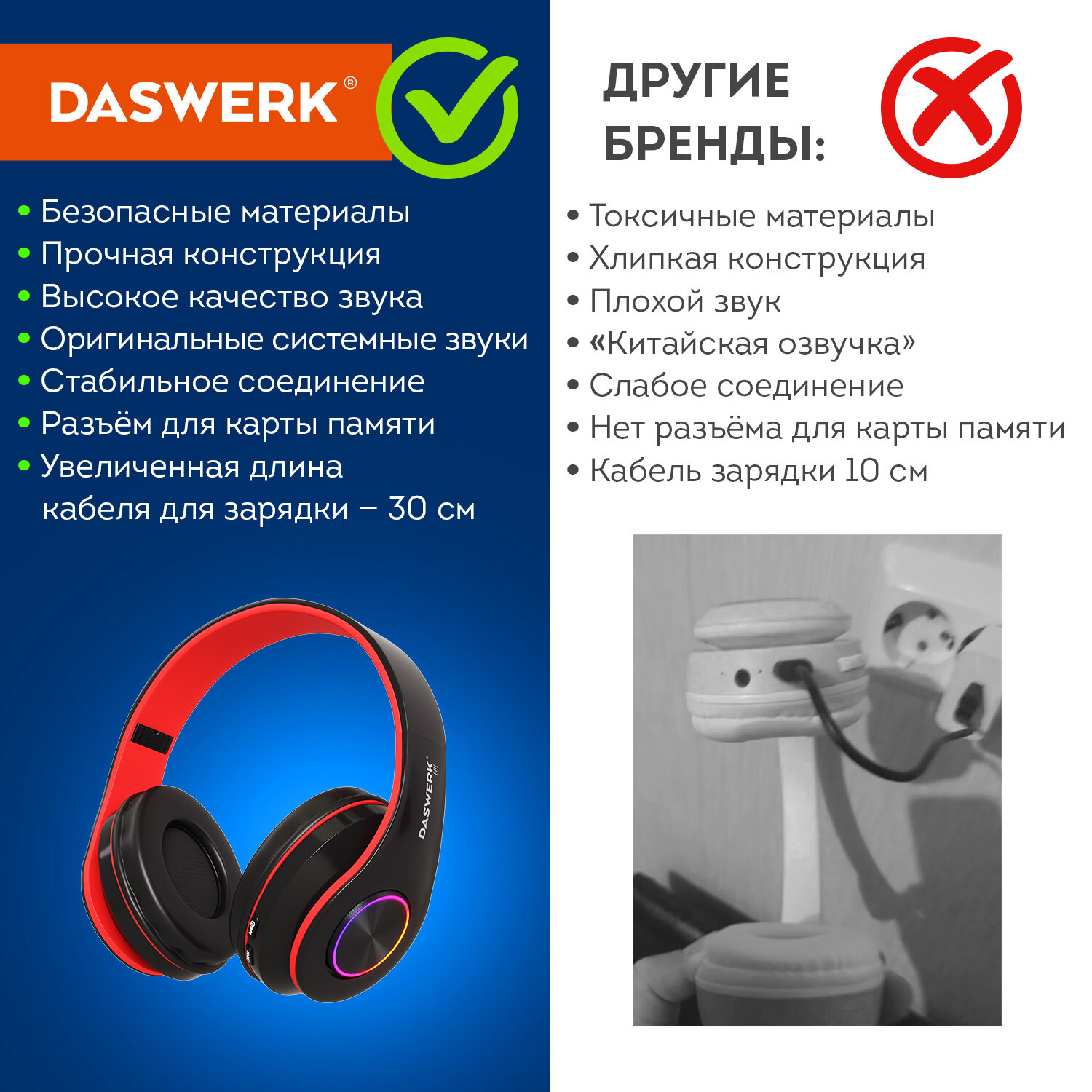 Наушники беспроводные DASWERK большие игровые с подсветкой накладные - фото 11