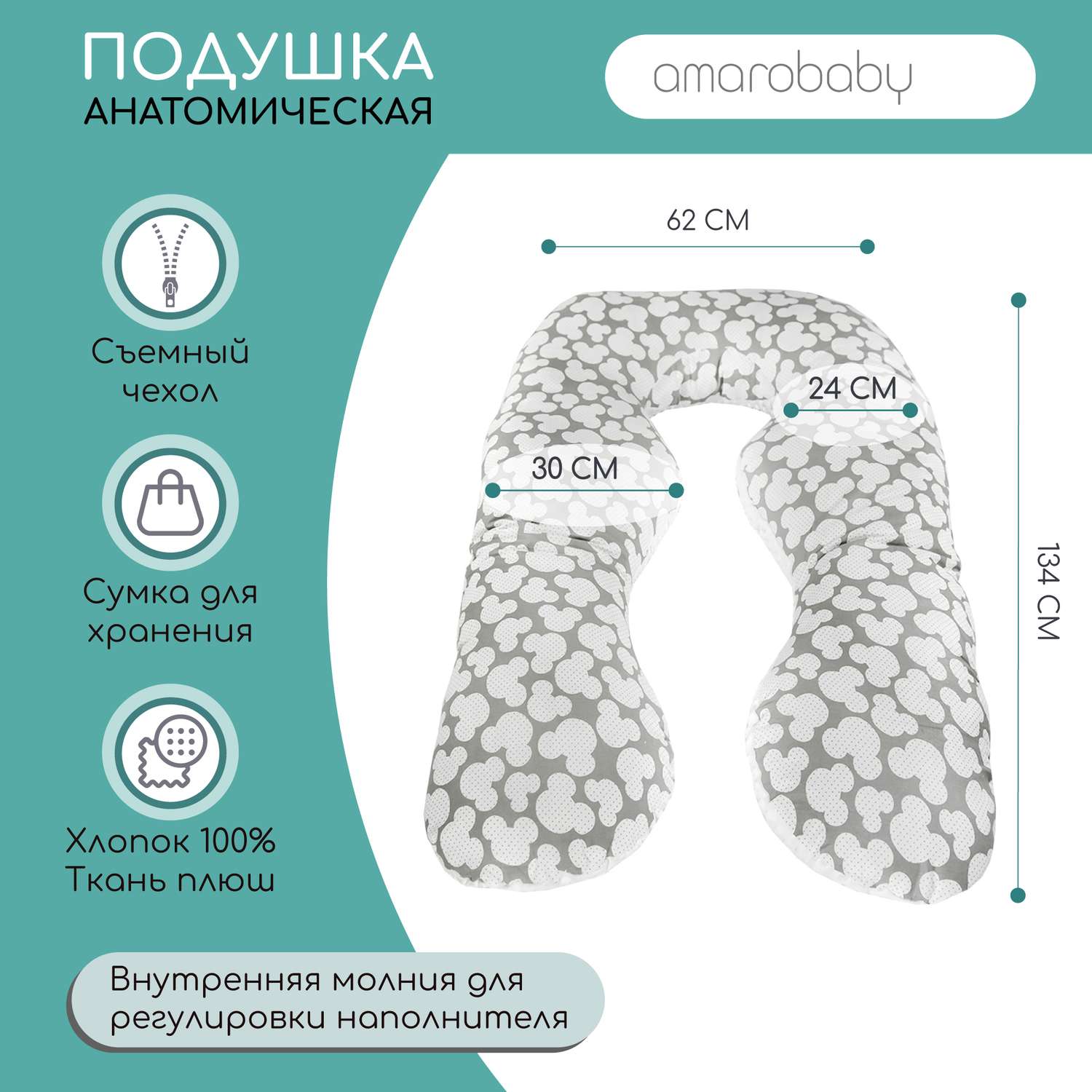 Подушка для беременных AmaroBaby анатомическая 340х72 см Мышонок вид серый - фото 2