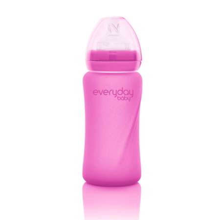 Бутылочка Everyday Baby Healthy стеклянная с индикатором температуры 240 мл розовый