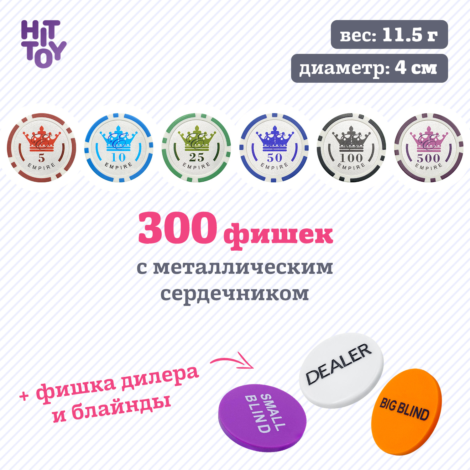 Покерный набор HitToy Empire 300 фишек с номиналом в чемодане - фото 3