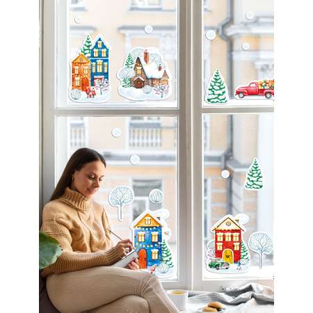 Новогодние наклейки Мир поздравлений на окна Зимние домики