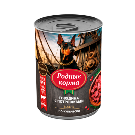 Корм для собак Родные корма говядина с потрошками в желе по-купечески 970г