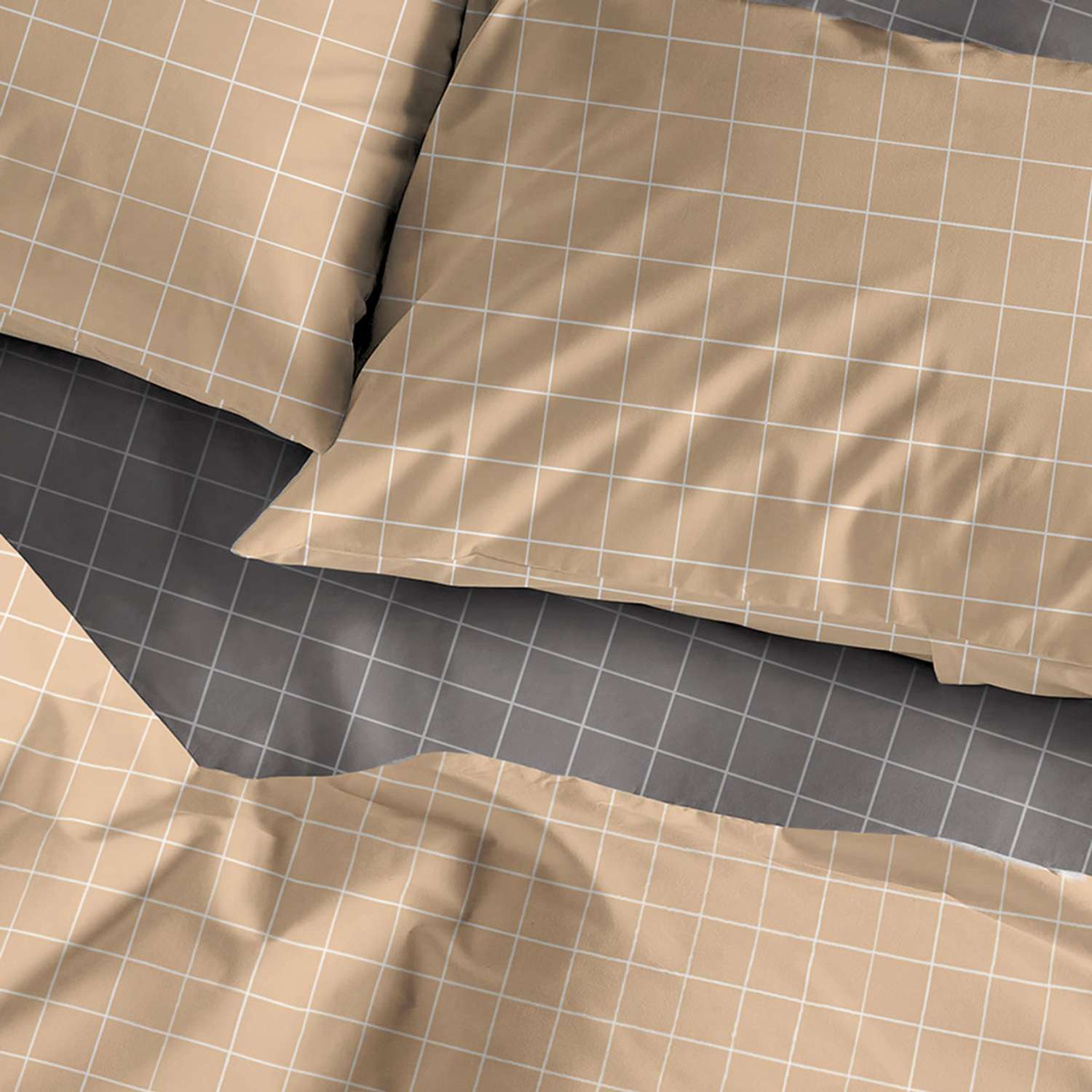 Комплект постельного белья BRAVO Клетка 2-спальный макси наволочки 70х70 рис.5929а-5+5929а-3 бежевый - фото 3