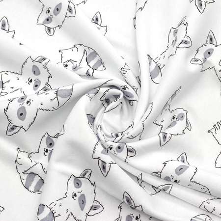 Ткань Совушка трикотаж интерлок с рисунком енотики хлопок для творчества 45х50 см бело-серый