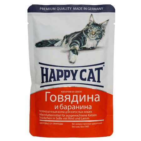 Корм влажный для кошек Happy Cat 100г соус говядина-баранина пауч
