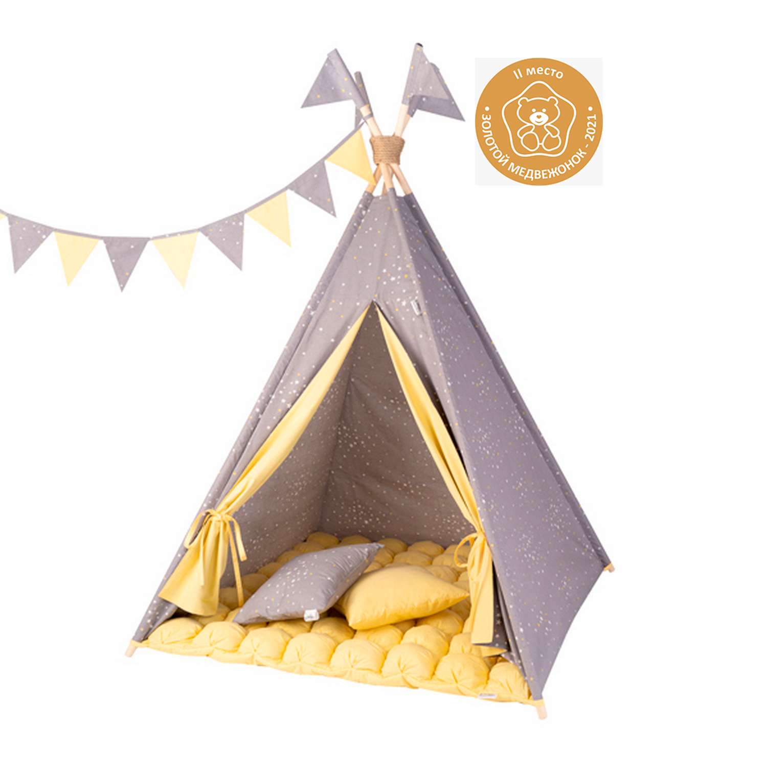 Детская игровая палатка вигвам Buklya Созвездие с ковриком бон-бон цв. серый / желтый - фото 2
