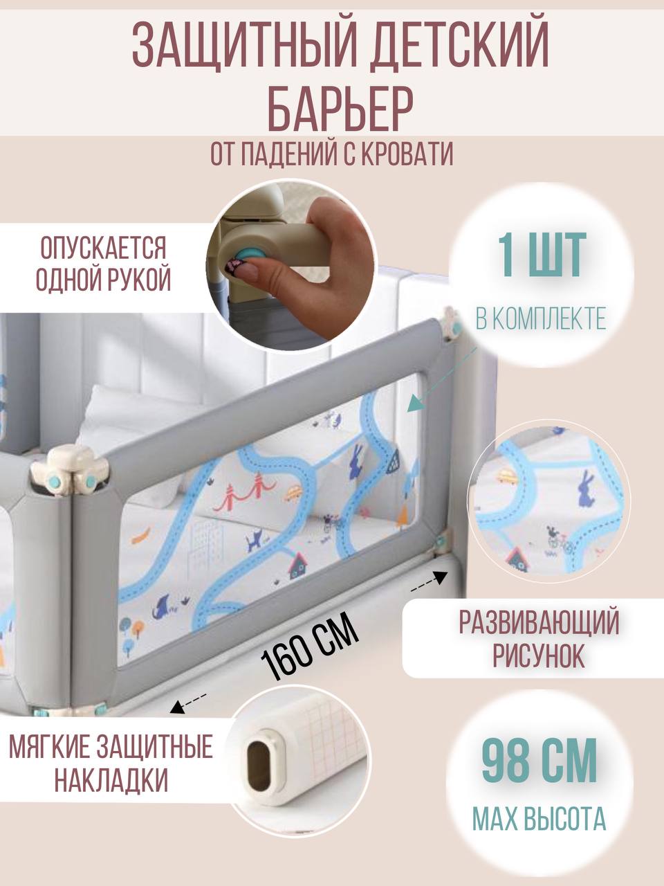 Барьер для кровати Safely and Soft Premium длиной 160см серый на одну сторону кровати - фото 2