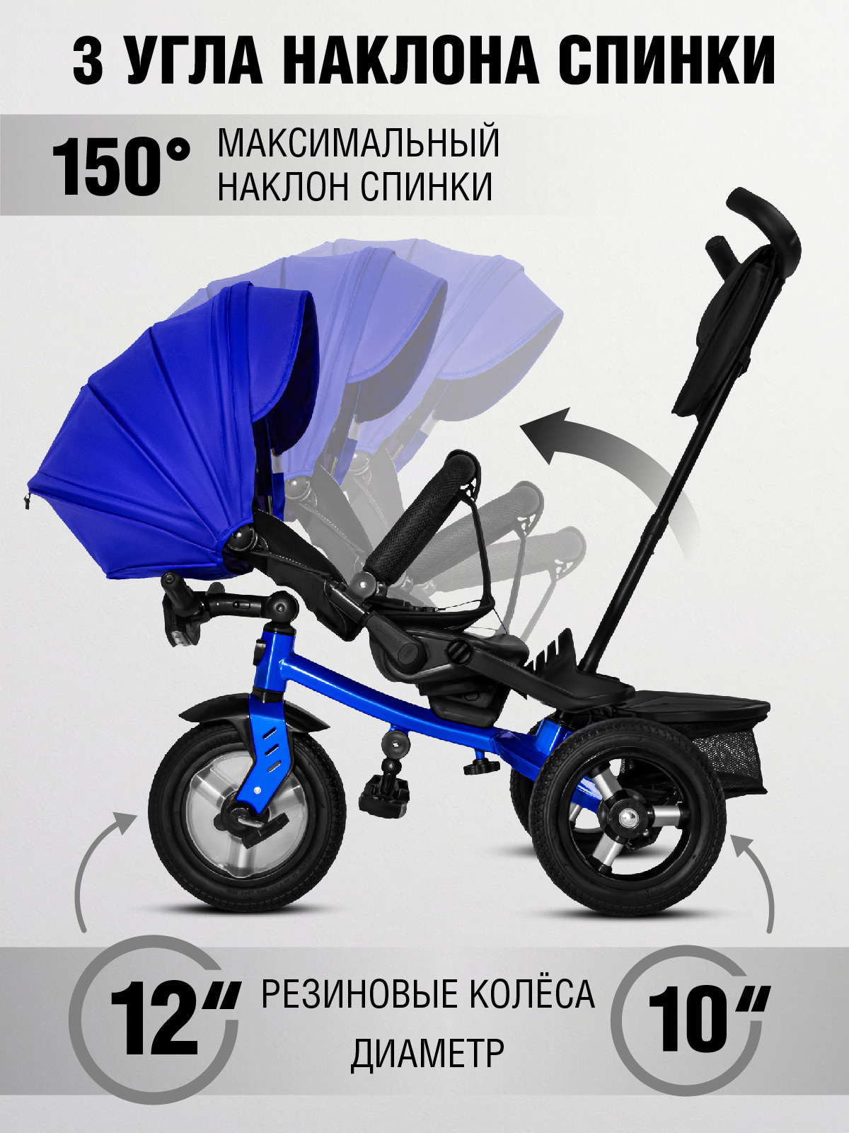 Велосипед-коляска детский трехколесный CITYRIDE колеса 12/10 синий - фото 4