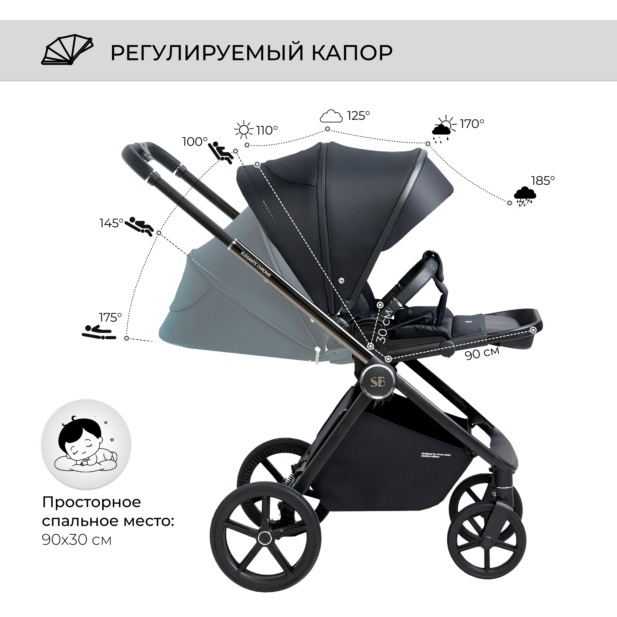 Коляска прогулочная Sweet Baby Elegante Chrome Black - фото 4